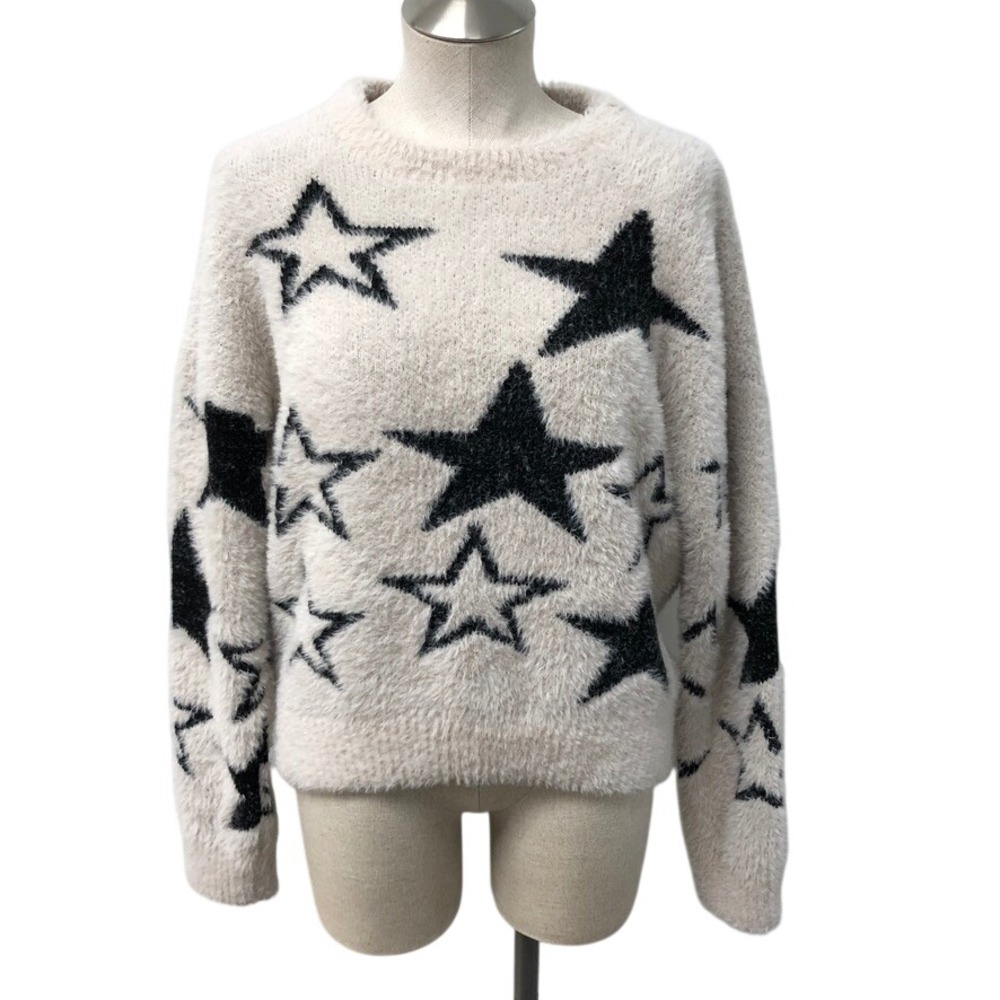 Pilcro Sweater Womens Medium Cream Black Star Print Fuzzy Eyelash Cozy Oversize